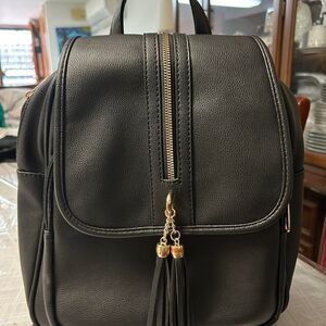 Black Faux Leather Mini Backpack with Tassels